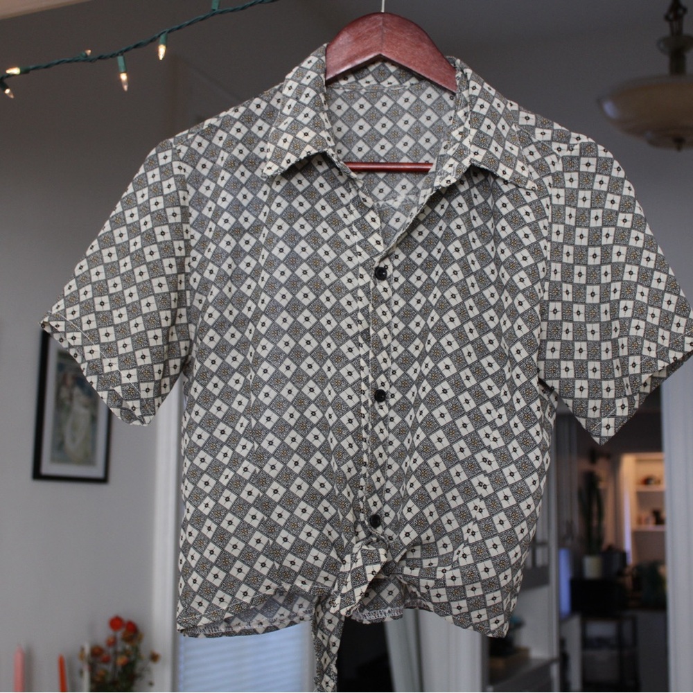 Black and White Patterned Shirt with Bow Detail